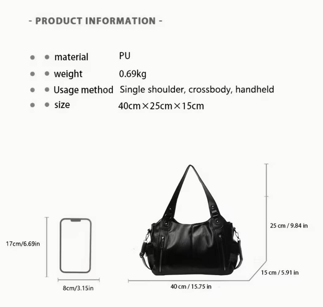 Sac à Main cuir végétal Noir – Coquette | Style Chic & Urbain – Grande Capacité 40x25cm
