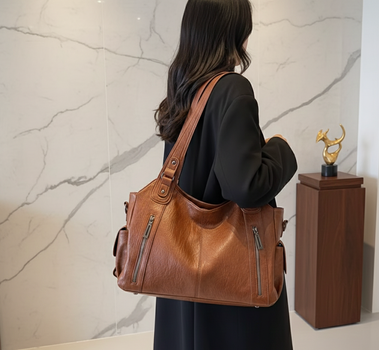 Sac à Main cuir végétal Marron – Coquette | Style Chic & Urbain – Grande Capacité 40x25cm