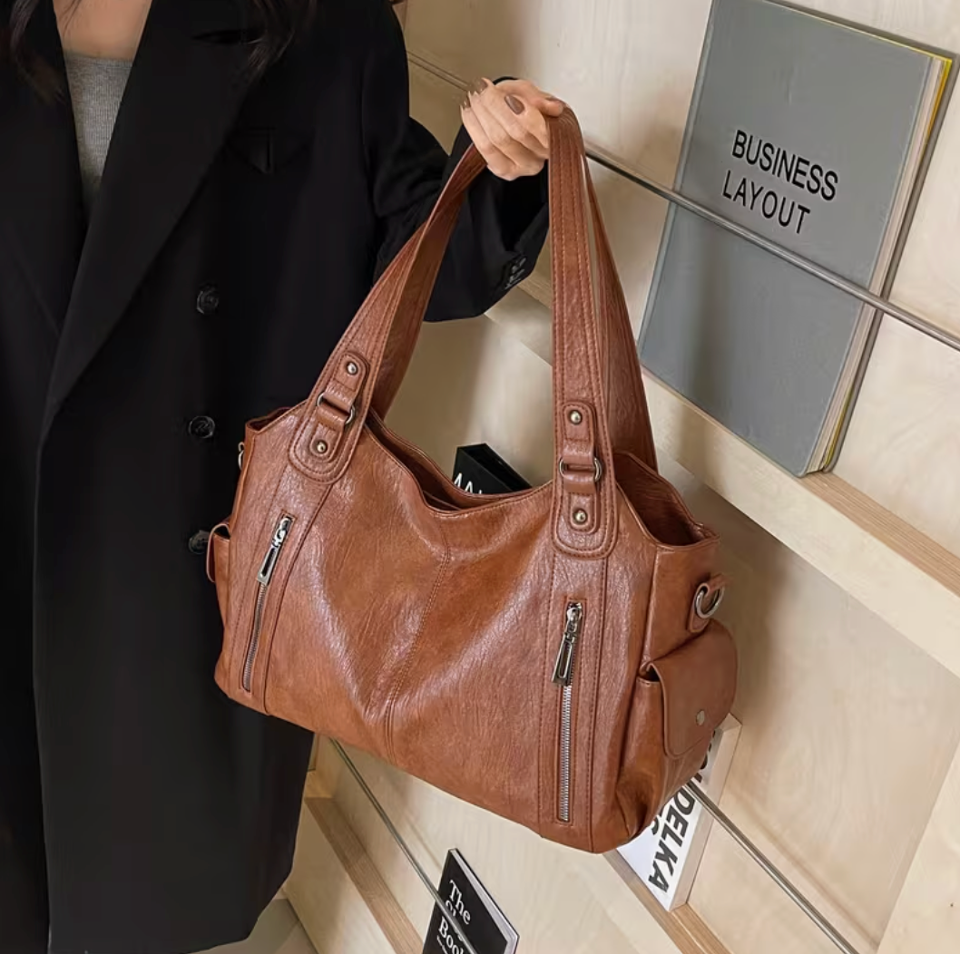 Sac à Main cuir végétal Marron – Coquette | Style Chic & Urbain – Grande Capacité 40x25cm