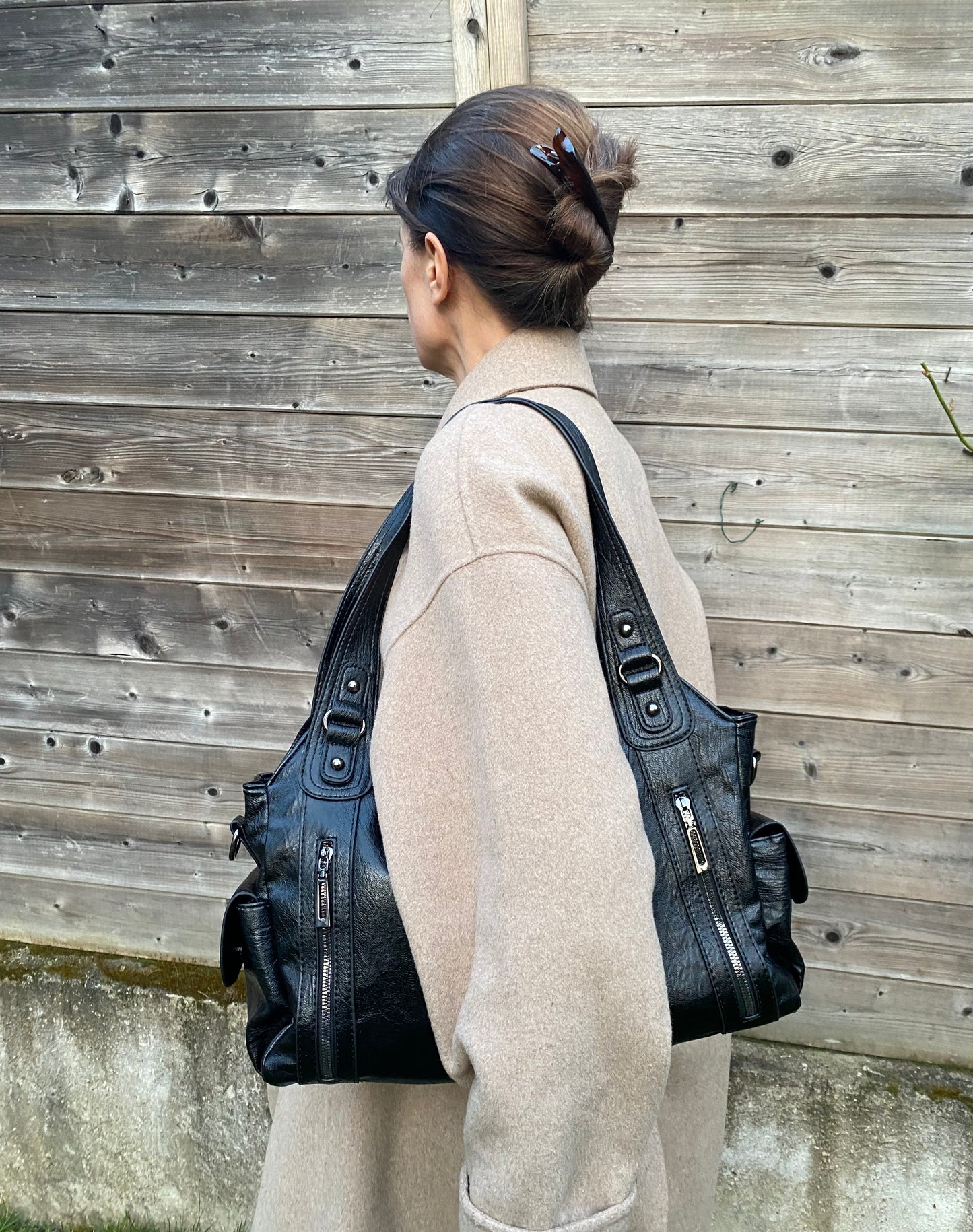 Sac à Main cuir végétal Noir – Coquette | Style Chic & Urbain – Grande Capacité 40x25cm