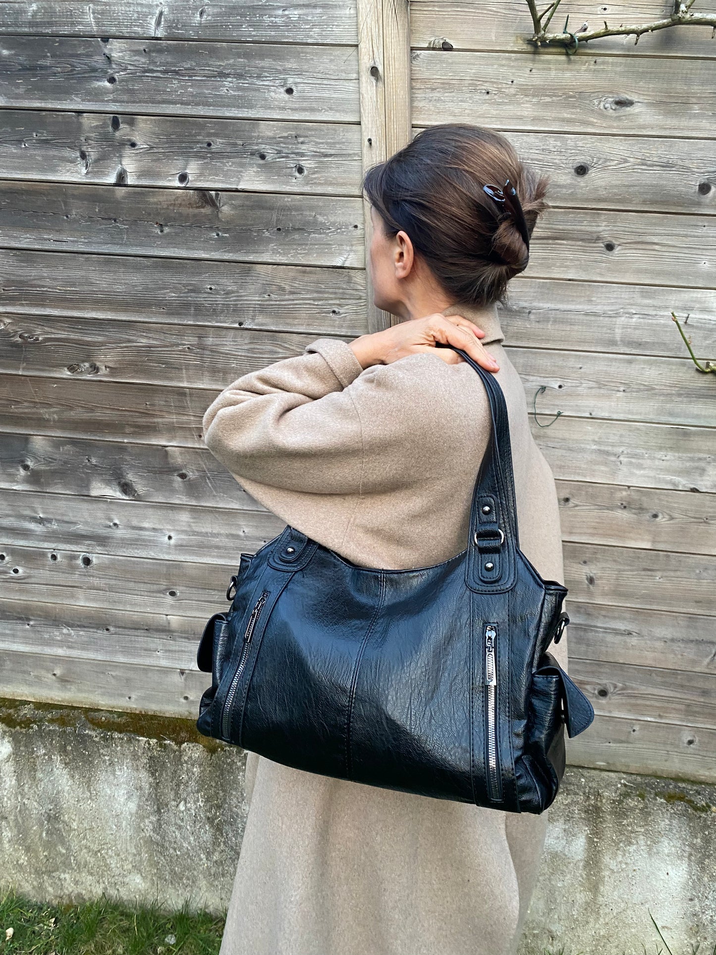 Sac à Main cuir végétal Noir – Coquette | Style Chic & Urbain – Grande Capacité 40x25cm